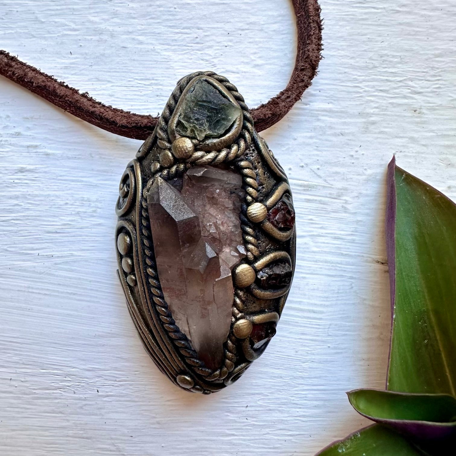 Smoky Quartz Cluster Moldavite and Red Garnet Necklace