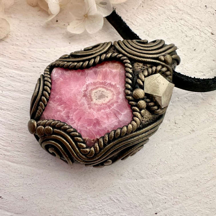 Rhodochrosite and Pyrite Pendant Necklace - FairyGardenGlow