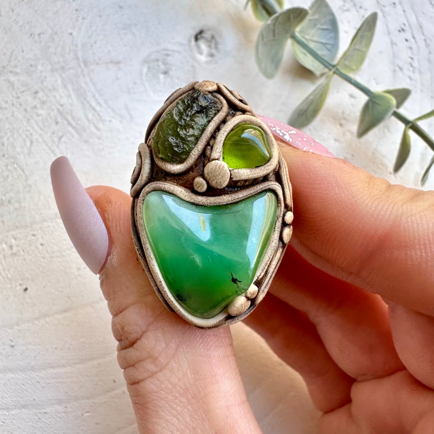 Chrysoprase with Moldavite and Peridot Crystal Ring