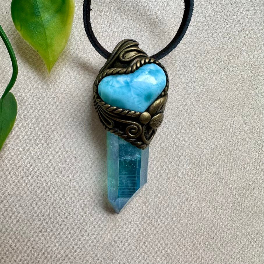 Aqua Aura Quartz and Larimar Heart Necklace, One of a kind Crystal Necklace - FairyGardenGlow