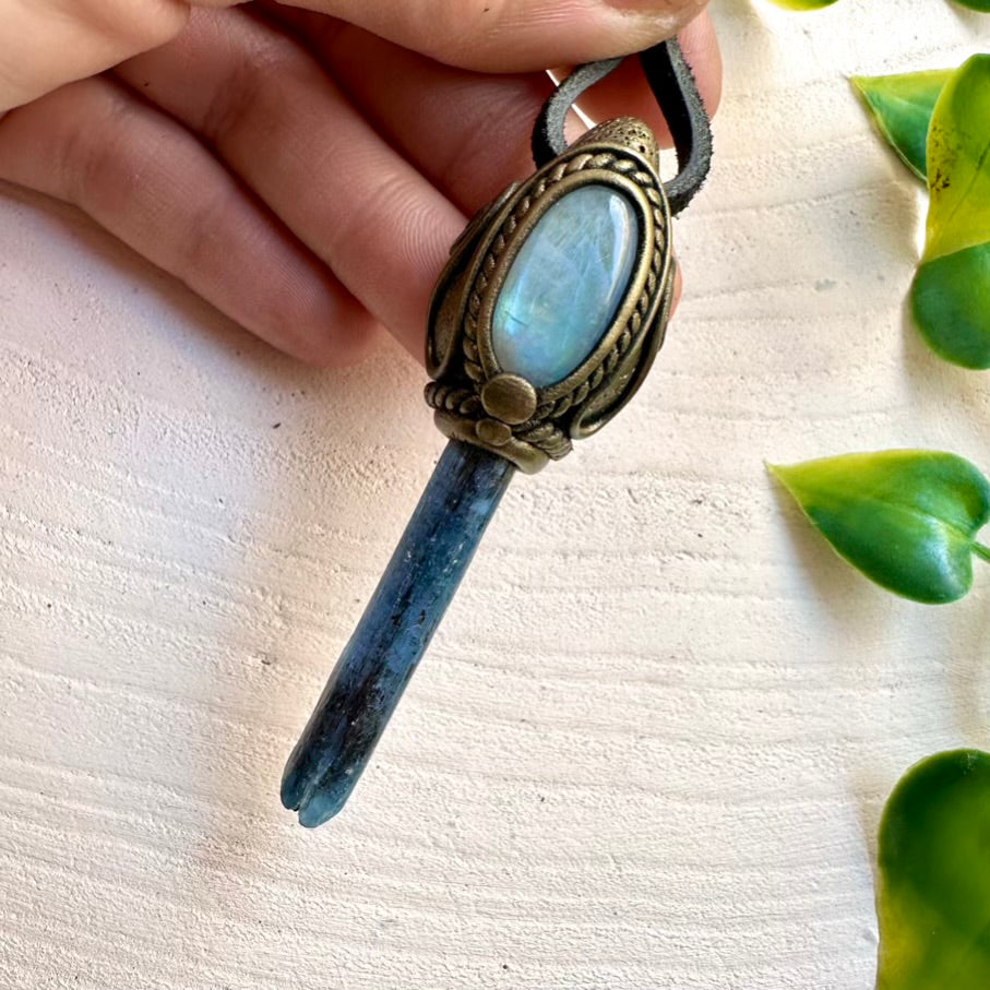 Blue Kyanite and Rainbow Moonstone Pendant Necklace