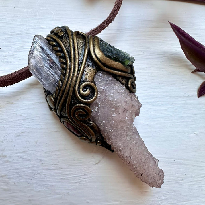 Spirit Quartz Kunzite Moldavite and Ruby Necklace - FairyGardenGlow