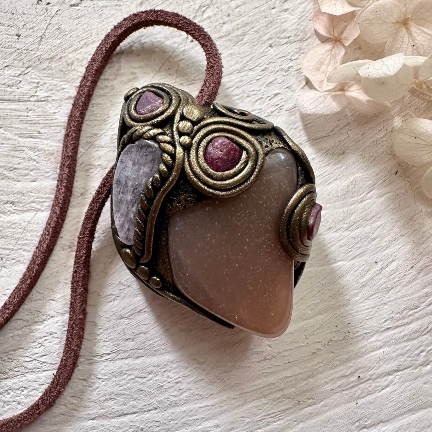 Sunstone Kunzite and Ruby Necklace - FairyGardenGlow