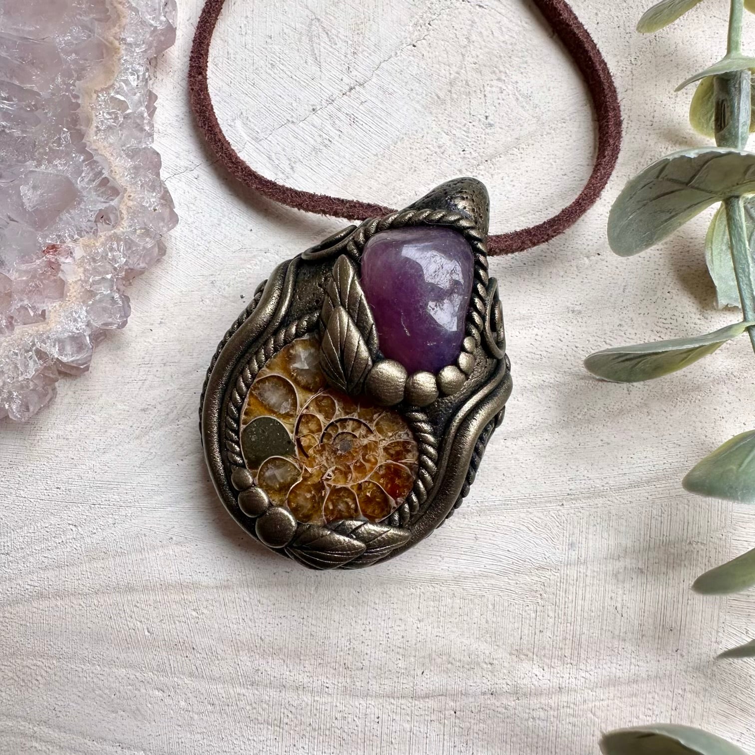 Ammonite and Lavender Quartz Pendant Necklace