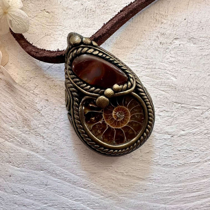 Ammonite and Fire Agate Necklace - FairyGardenGlow