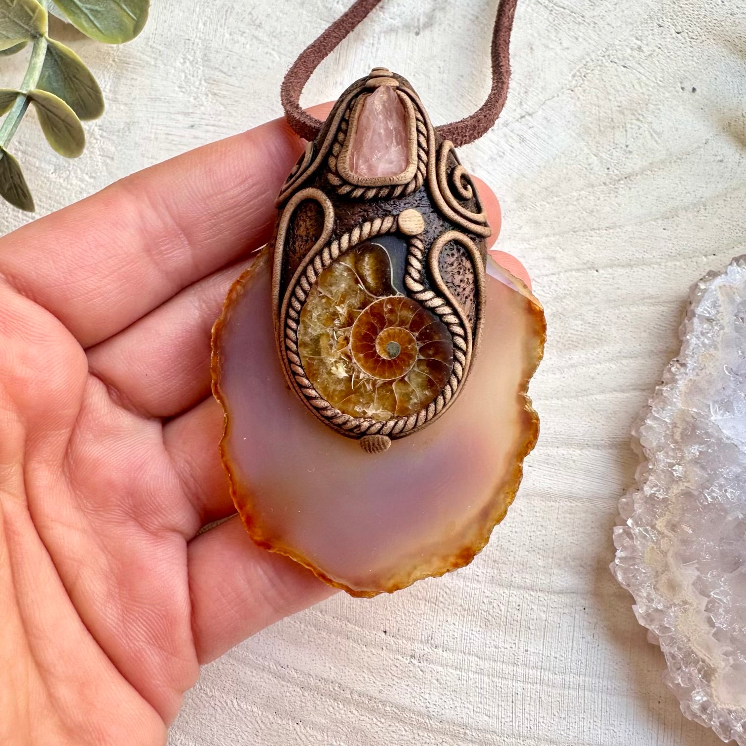 Agate Slice Ammonite and Rose Quartz Necklace