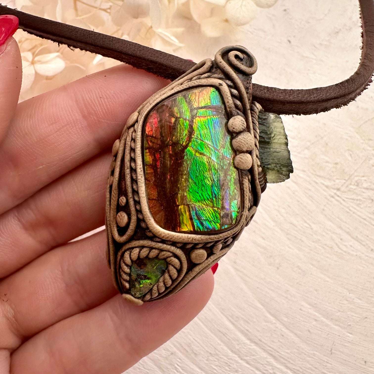 Ammolite Boulder Opal and Moldavite Necklace - FairyGardenGlow