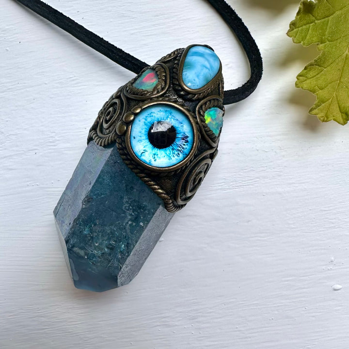 Aqua Aura Quartz Larimar and Raw Opal Eye Wand / Pendant - FairyGardenGlow