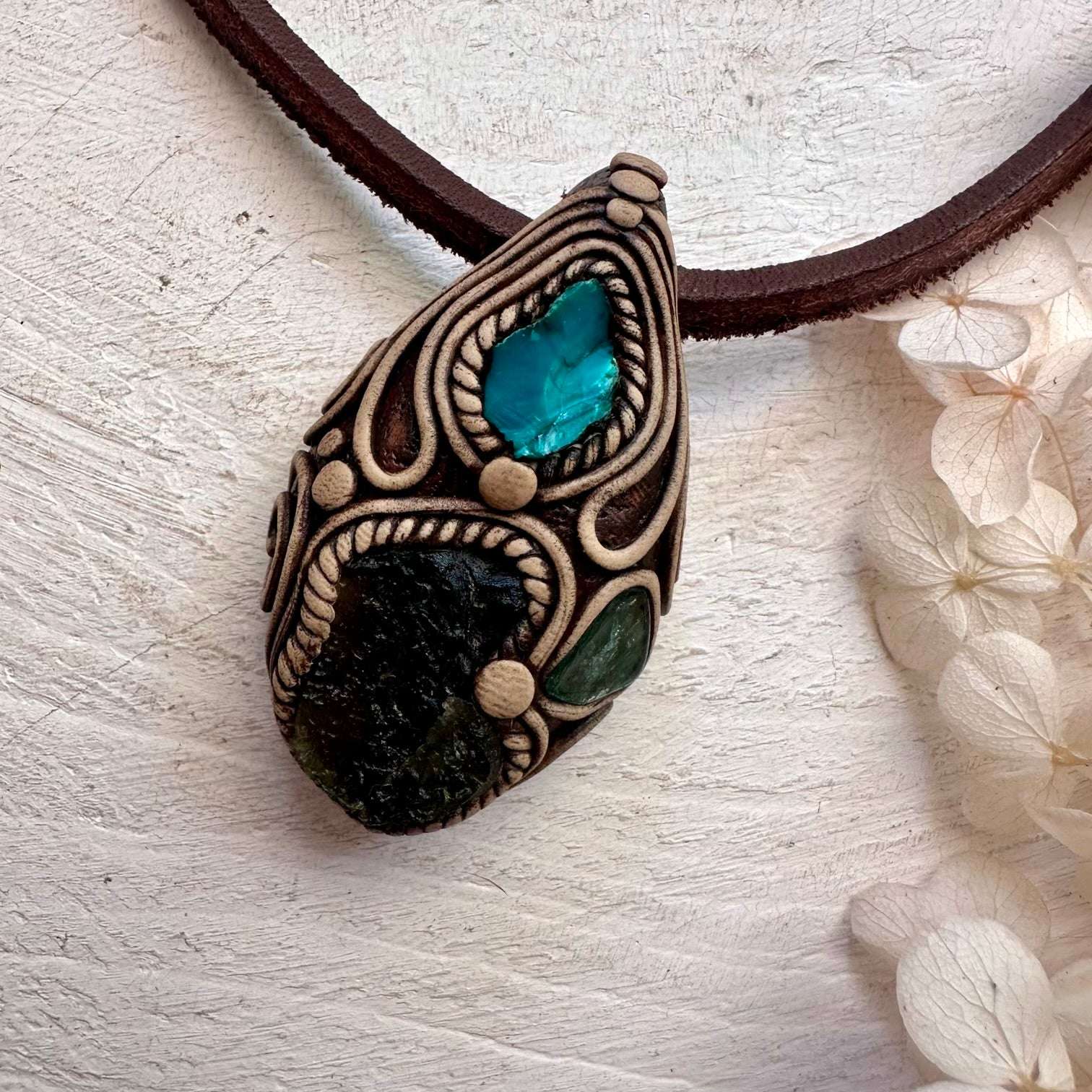 Moldavite Green Tourmaline and Chrysocolla Necklace - FairyGardenGlow