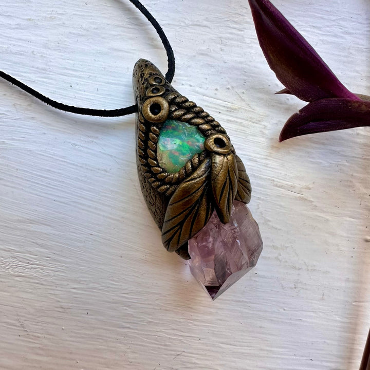 Raw Amethyst and Raw Opal Necklace - FairyGardenGlow