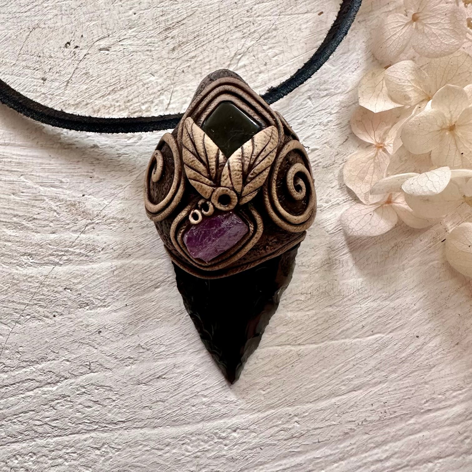 Black Obsidian Arrowhead Ruby and Dravite Pendant Necklace - FairyGardenGlow