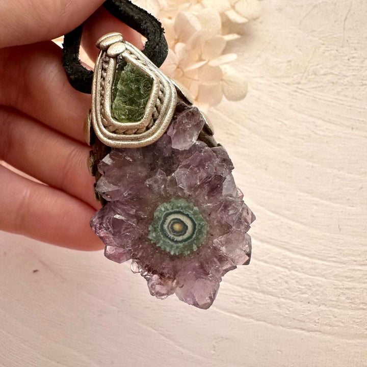 Amethyst Stalactite and Raw Moldavite Crystal Necklace - FairyGardenGlow