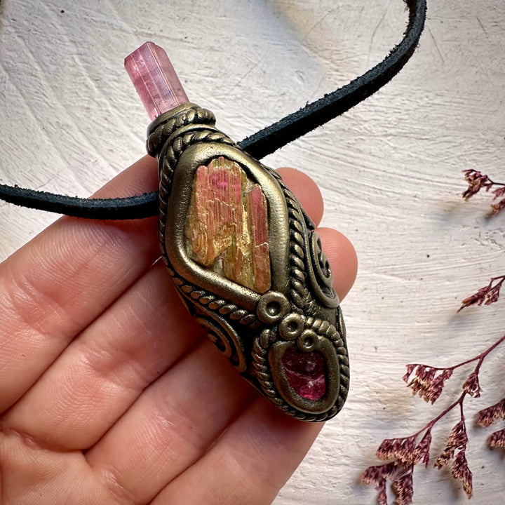 Sunset Aura Kunzite with Pink Tourmaline and Rhodonite Necklace - FairyGardenGlow