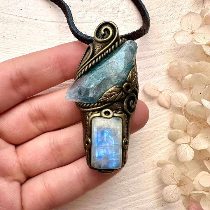 Aqua Aura Quartz and Moonstone Necklace - FairyGardenGlow