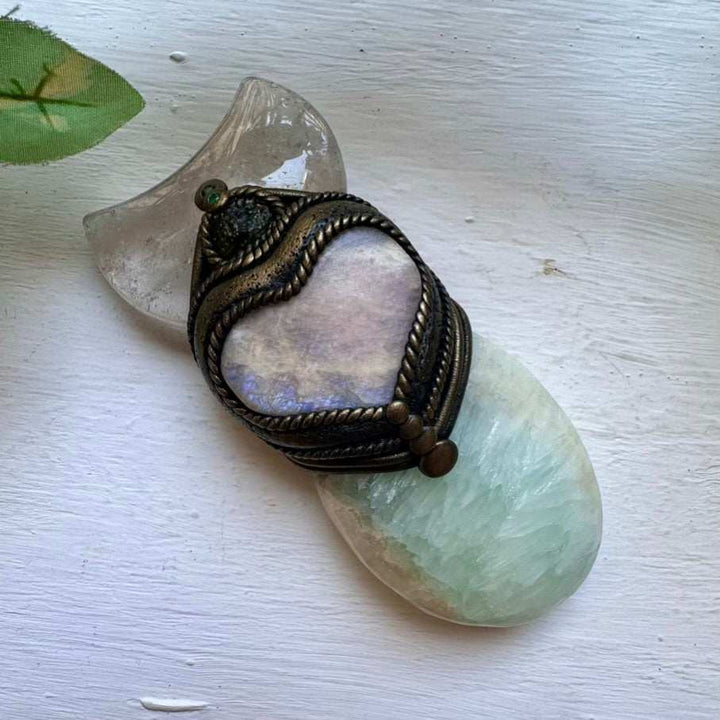 Handmade Crystal Wand with Pistachio Calcite Clear Quartz Moon Moldavite Moonstone Heart and Emerald - FairyGardenGlow