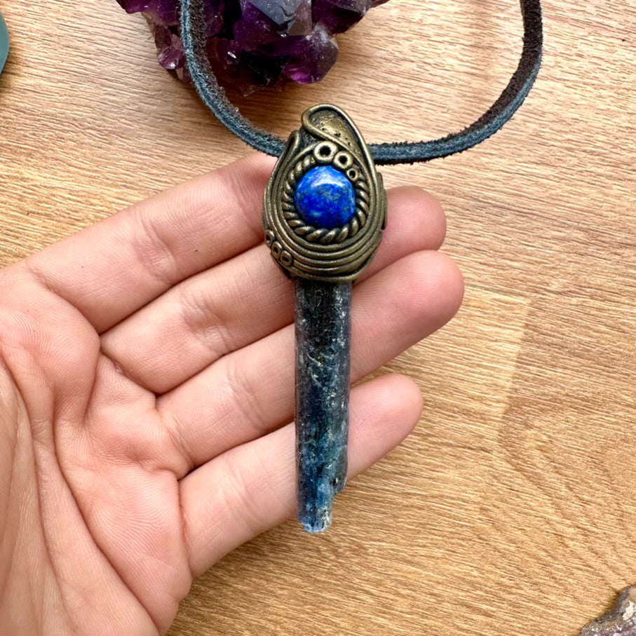Blue Kyanite and Lapis Lazuli Necklace, Unisex Handmade Jewelry - FairyGardenGlow