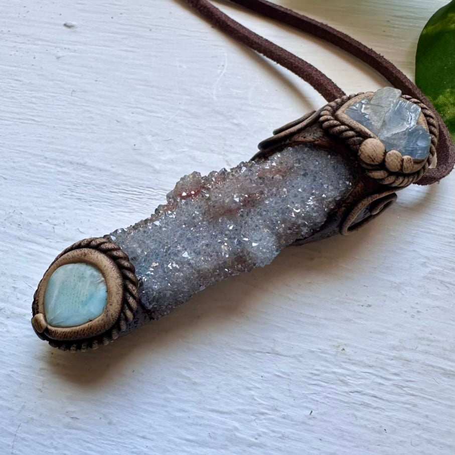 Aqua Aura Spirit Quartz Blue Calcite and Larimar Pendant Necklace - FairyGardenGlow