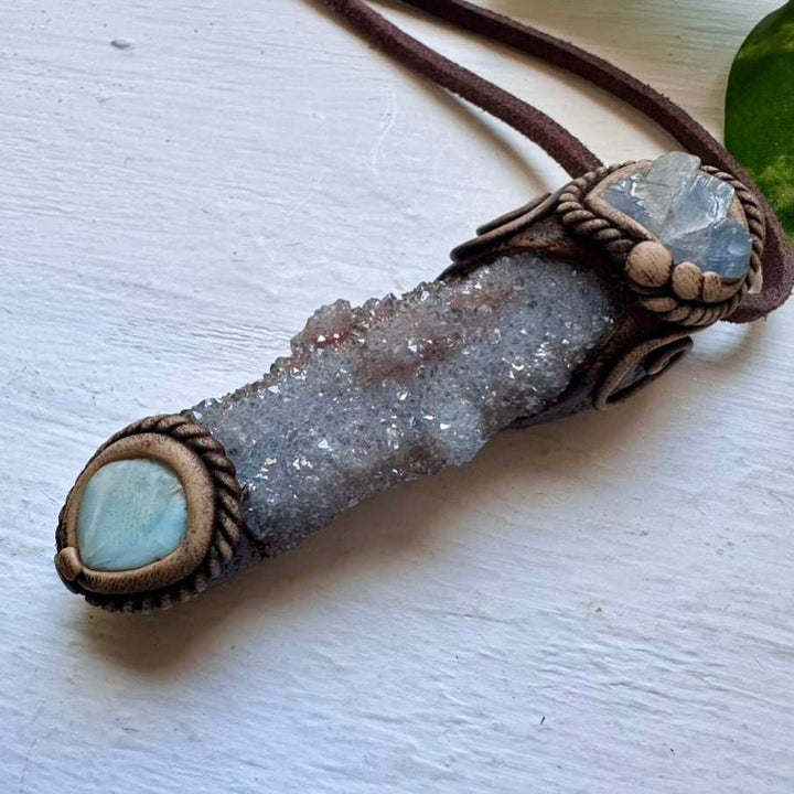 Aqua Aura Spirit Quartz Blue Calcite and Larimar Pendant Necklace - FairyGardenGlow
