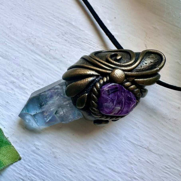Aqua Aura Quartz and Charoite Necklace - FairyGardenGlow