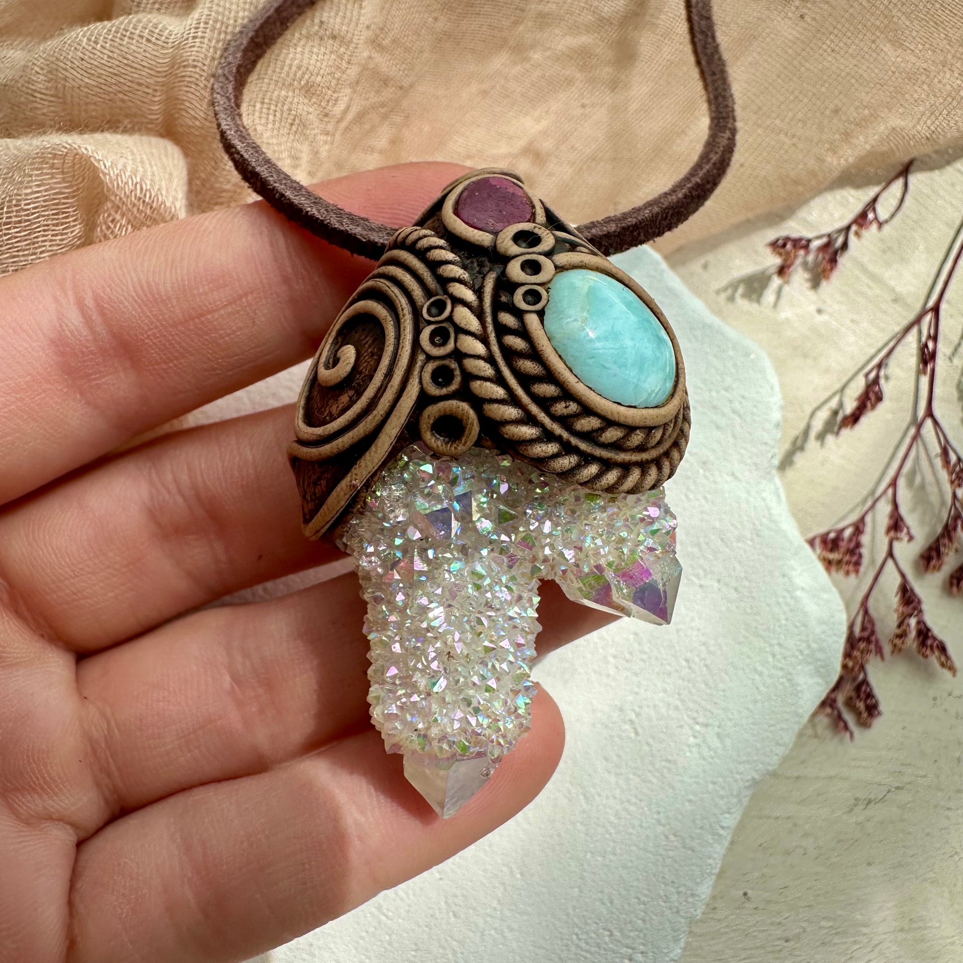 Angel Aura Spirit Quartz Larimar and Ruby Pendant