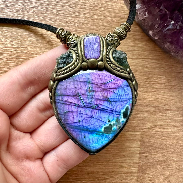 Purple Labradorite Moldavite and Charoite Pendant Necklace, Unique Protection Amulet - FairyGardenGlow
