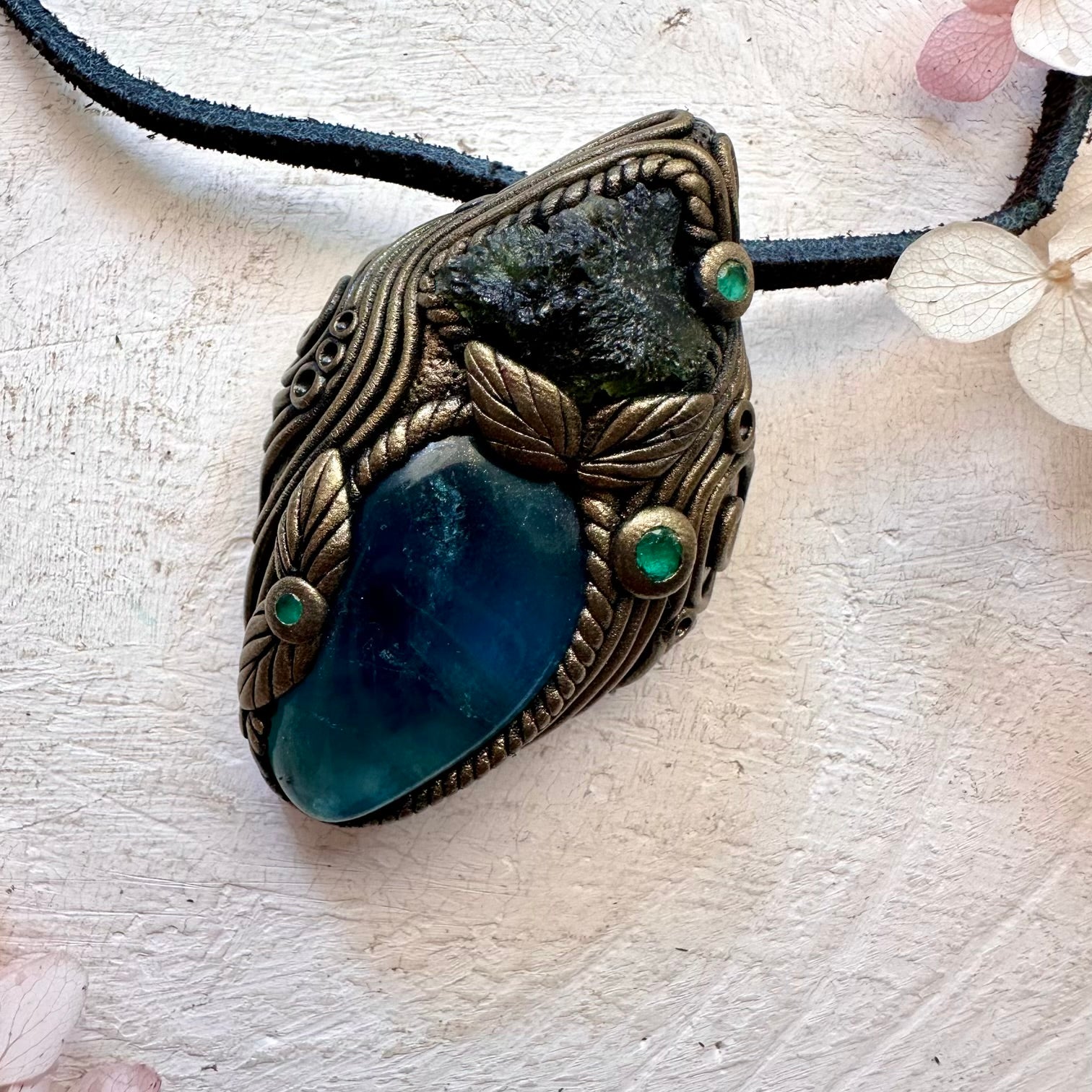 Blue Fluorite Moldavite and Emerald Pendant Necklace - FairyGardenGlow