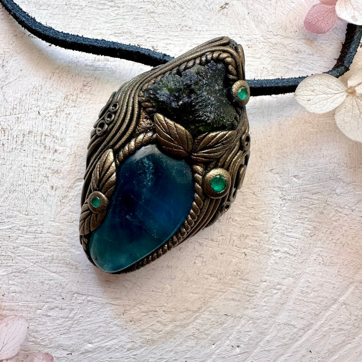 Blue Fluorite Moldavite and Emerald Pendant Necklace - FairyGardenGlow