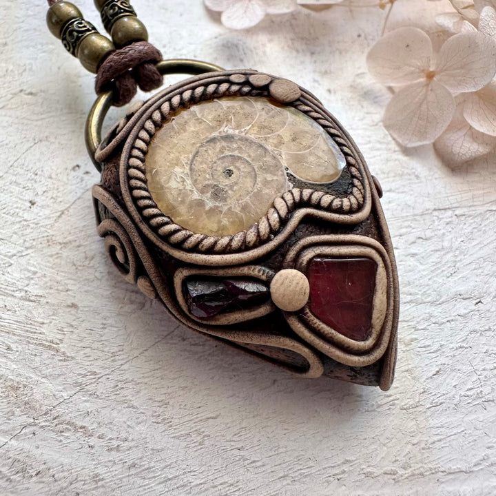 Ammonite Rhodolite Garnet and Pink Tourmaline Necklace - FairyGardenGlow