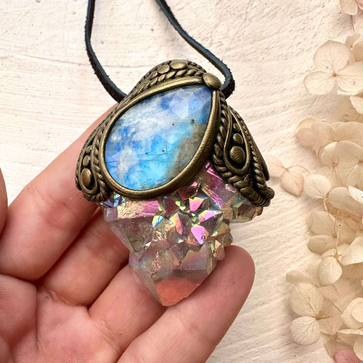 Angel Aura Spirit Quartz and Rainbow Moonstone Pendant - FairyGardenGlow