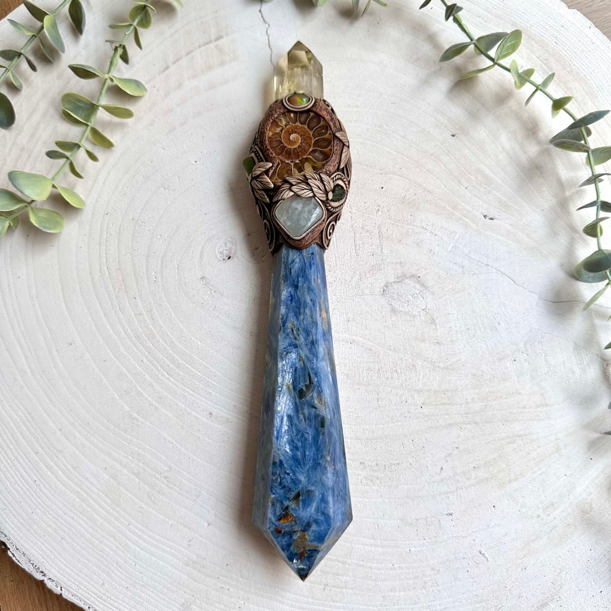 XL Unique Handmade Crystal Wand with Blue Kyanite, Citrine, Ammonite Fossil, Aquamarine, Moldavite, Ethiopian Opal and Raw Peridot