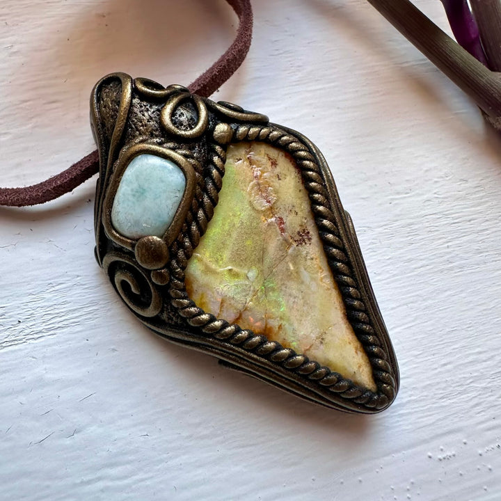 Boulder Opal and Larimar Necklace - FairyGardenGlow