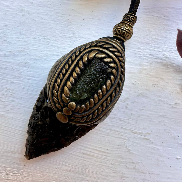 Black Obsidian Arrowhead and Moldavite Necklace - FairyGardenGlow