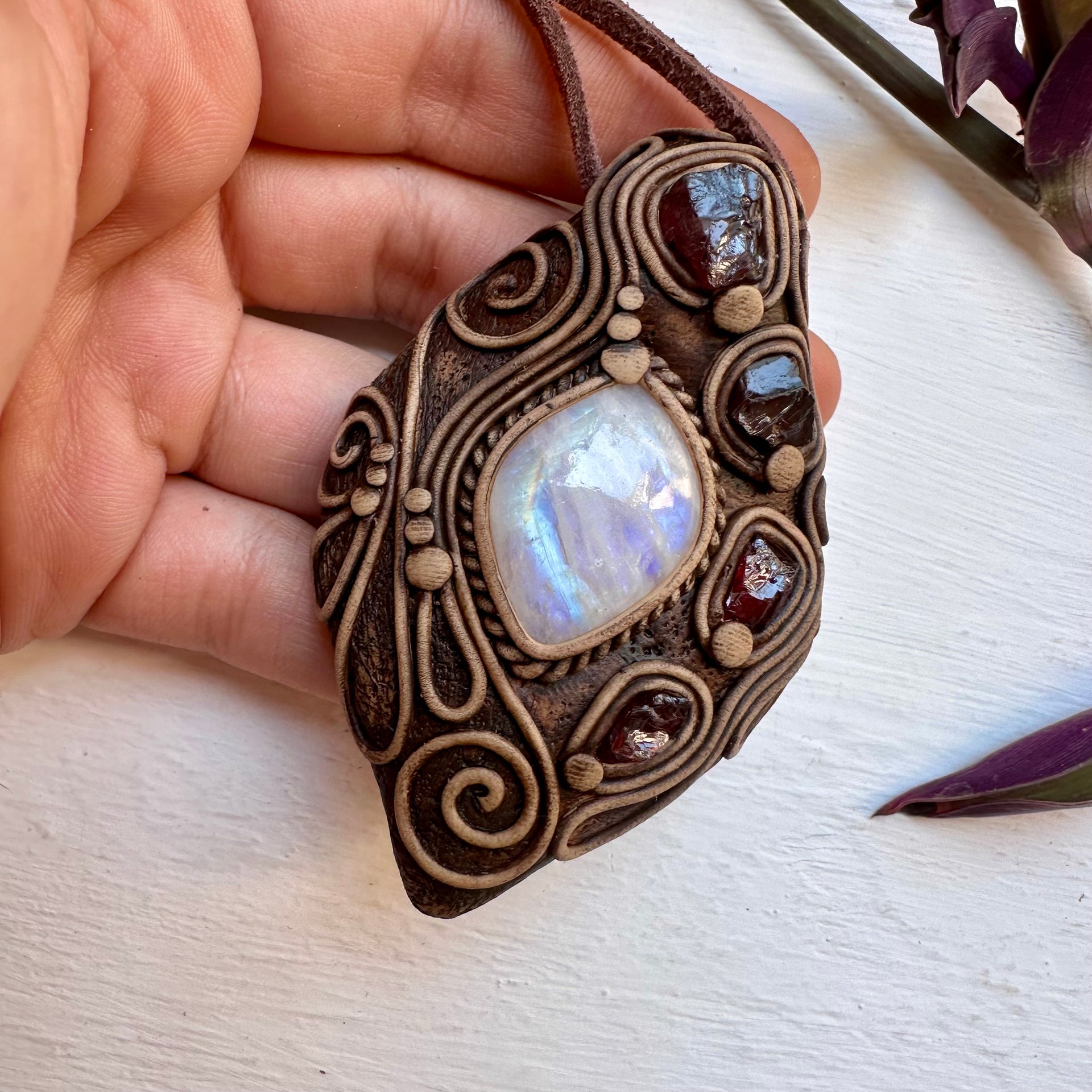 Rainbow Moonstone and Red Garnet Necklace - FairyGardenGlow