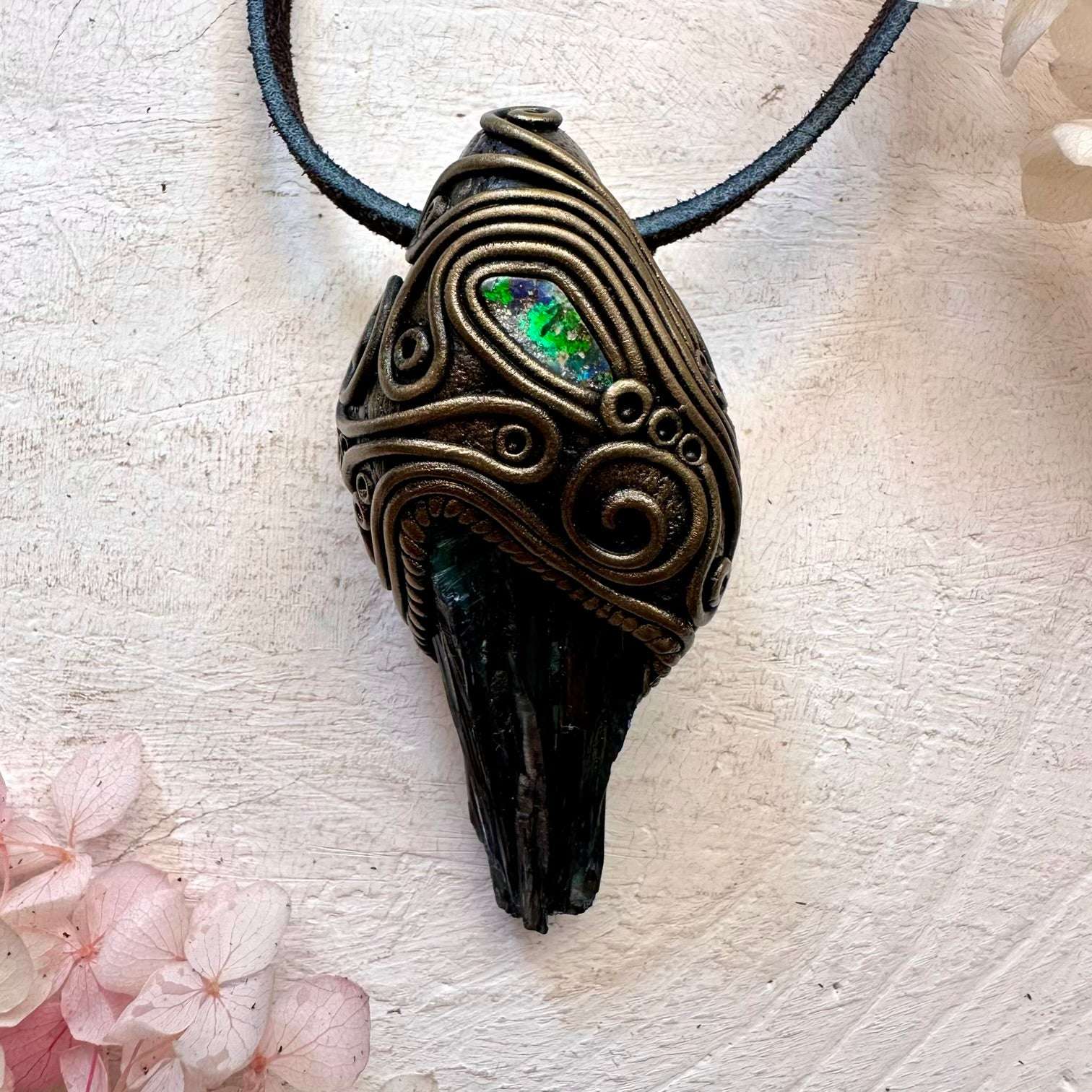 Vivianite and Boulder Opal Pendant - FairyGardenGlow