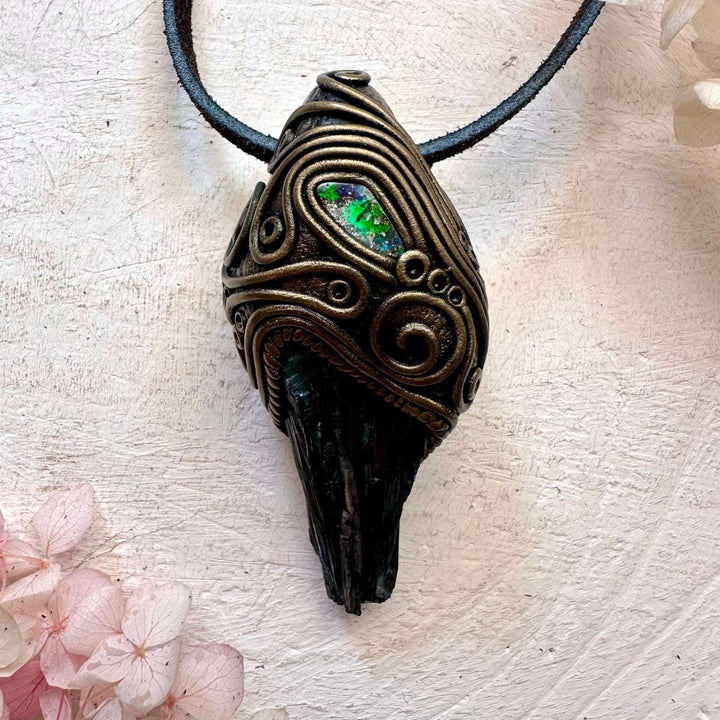Vivianite and Boulder Opal Pendant - FairyGardenGlow