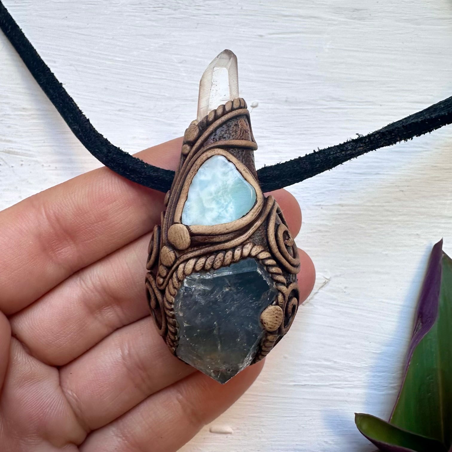 Celestite Clear Quartz and Larimar Necklace, Handmade Crystal Pendant - FairyGardenGlow