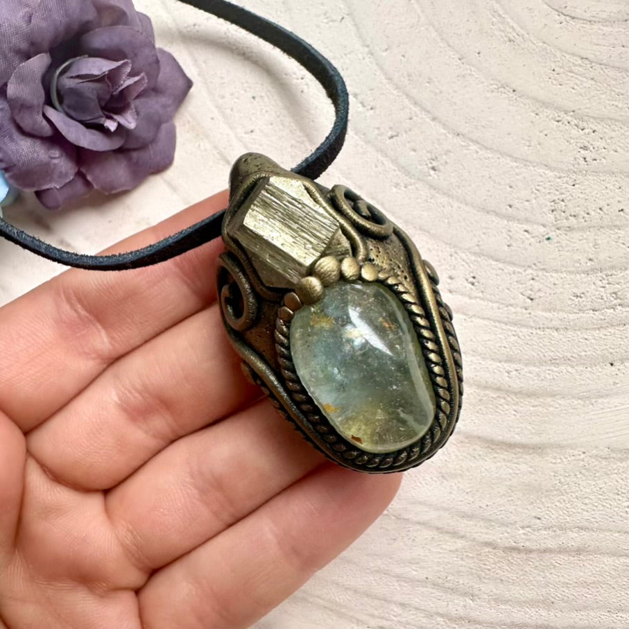 Handmade Topaz gemstone with raw Pyrite crystal pendant necklace, unisex spiritual jewelry talisman.