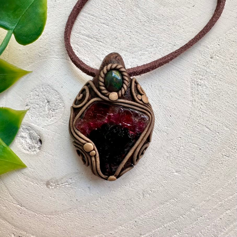Bi Color Tourmaline and Black Ethiopian Opal Pendant Necklace