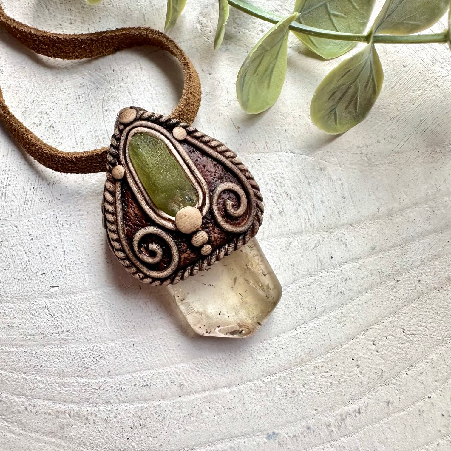 One of a kind crystal pendant handcrafted with Citrine and natural Peridot gemstones.