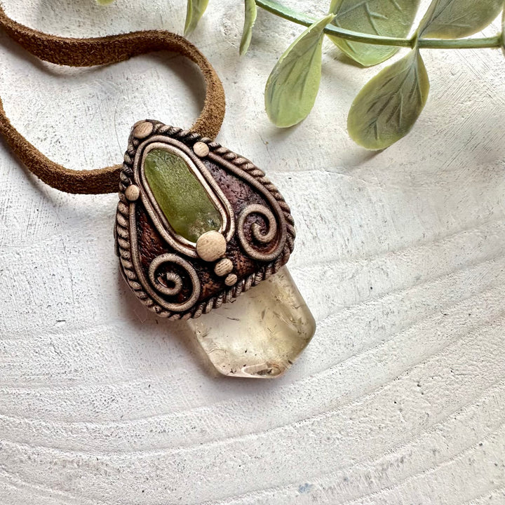 One of a kind crystal pendant handcrafted with Citrine and natural Peridot gemstones.