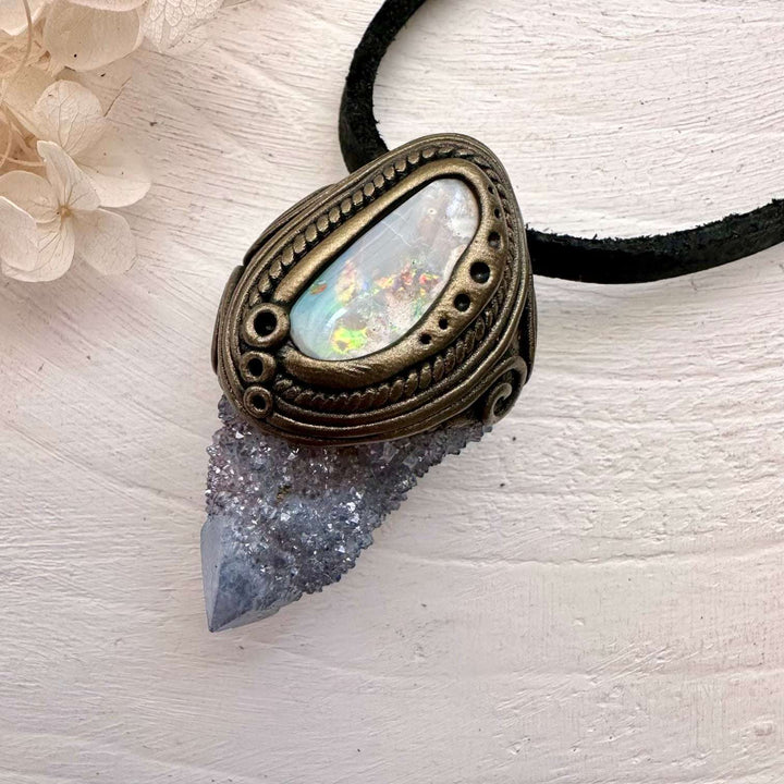 Aqua Aura Spirit Quartz and Coober Pedy Australian Opal Necklace - FairyGardenGlow