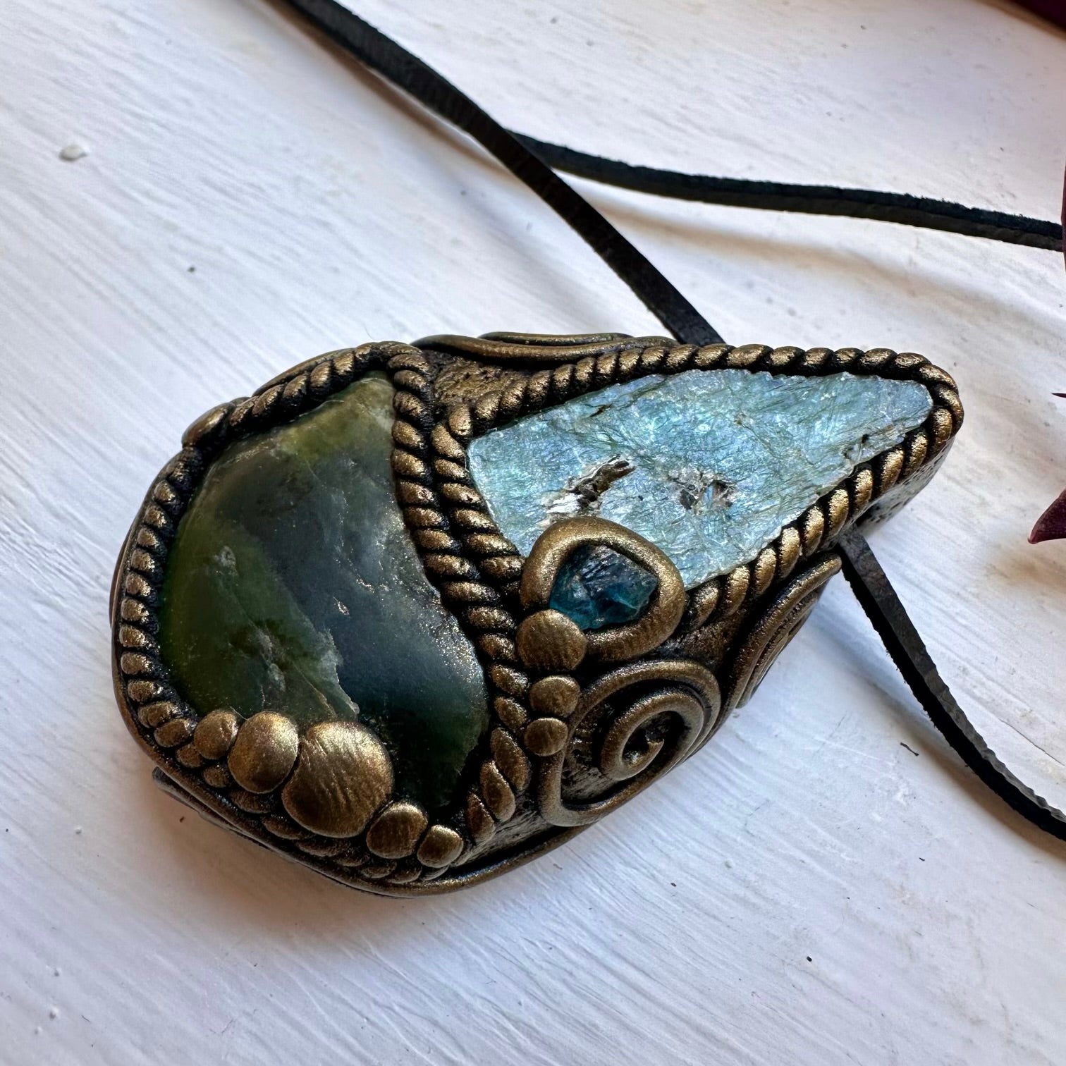 Nephrite Green Kyanite and Raw Blue Apatite Pendant Necklace - FairyGardenGlow