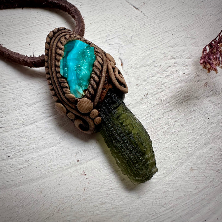 Moldavite and Raw Chrysocolla Necklace - FairyGardenGlow