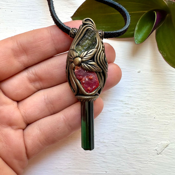 Blue-Green Tourmaline Vanadinite and Moldavite Necklace, Healing Crystal Jewelry - FairyGardenGlow
