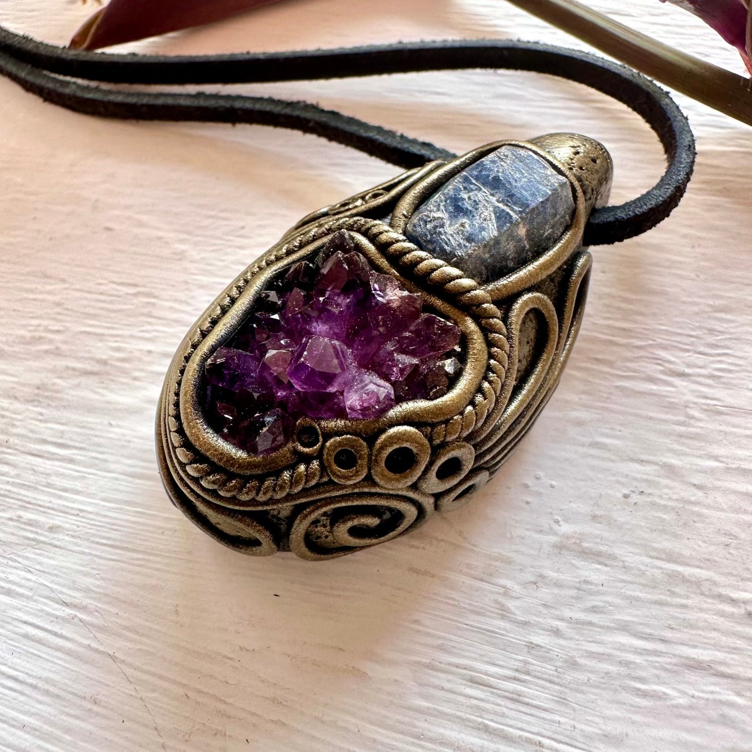 Amethyst Cluster and Raw Blue Sapphire Pendant Necklace - FairyGardenGlow