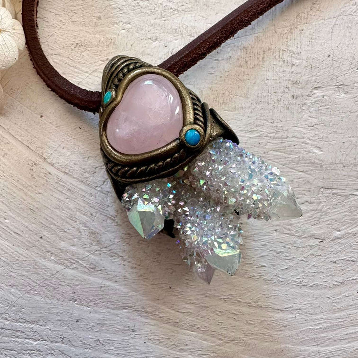Angel Aura Spirit Quartz Cluster Rose Quartz and Australian Opal Necklace - FairyGardenGlow