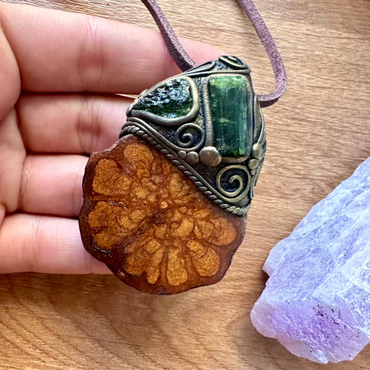 Ayahuasca Necklace, Green Tourmaline and Moldavite Pendant Necklace - FairyGardenGlow