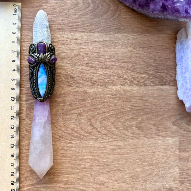 Lavender Fluorite Wand, Rainbow Moonstone, Ruby and Angel Aura Spirit Quartz Crystal Wand - FairyGardenGlow