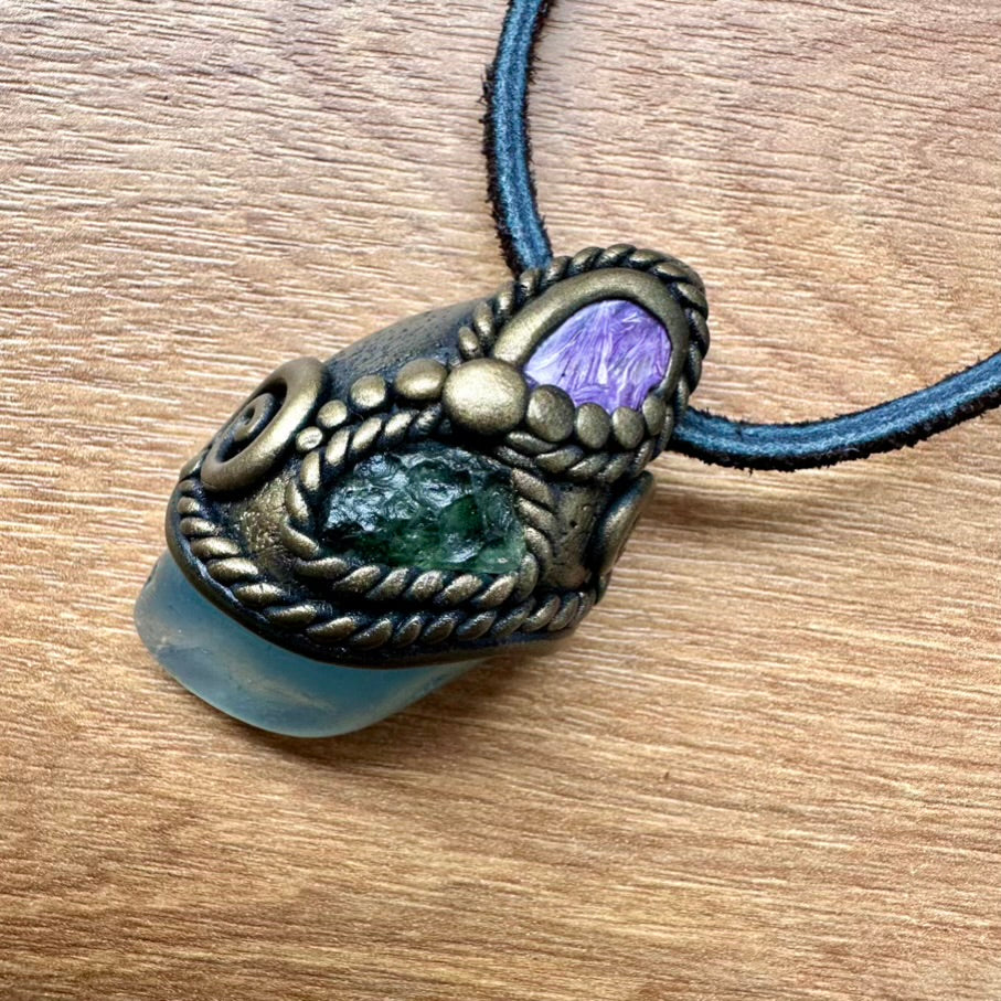 Aquamarine Charoite and Moldavite Necklace, Handmade Crystal Jewelry - FairyGardenGlow