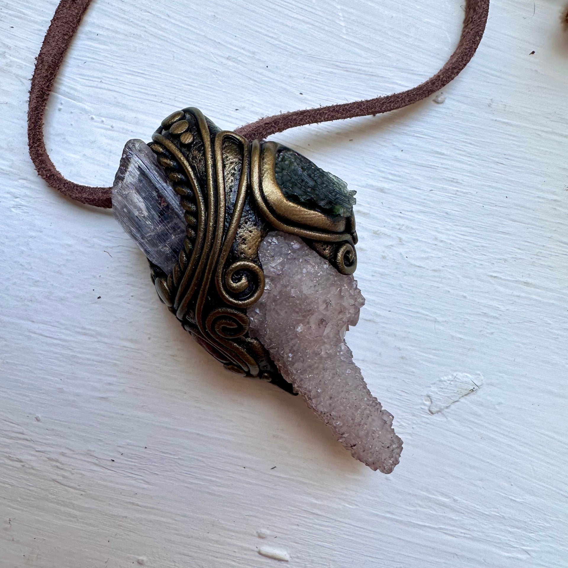 Spirit Quartz Kunzite Moldavite and Ruby Necklace - FairyGardenGlow